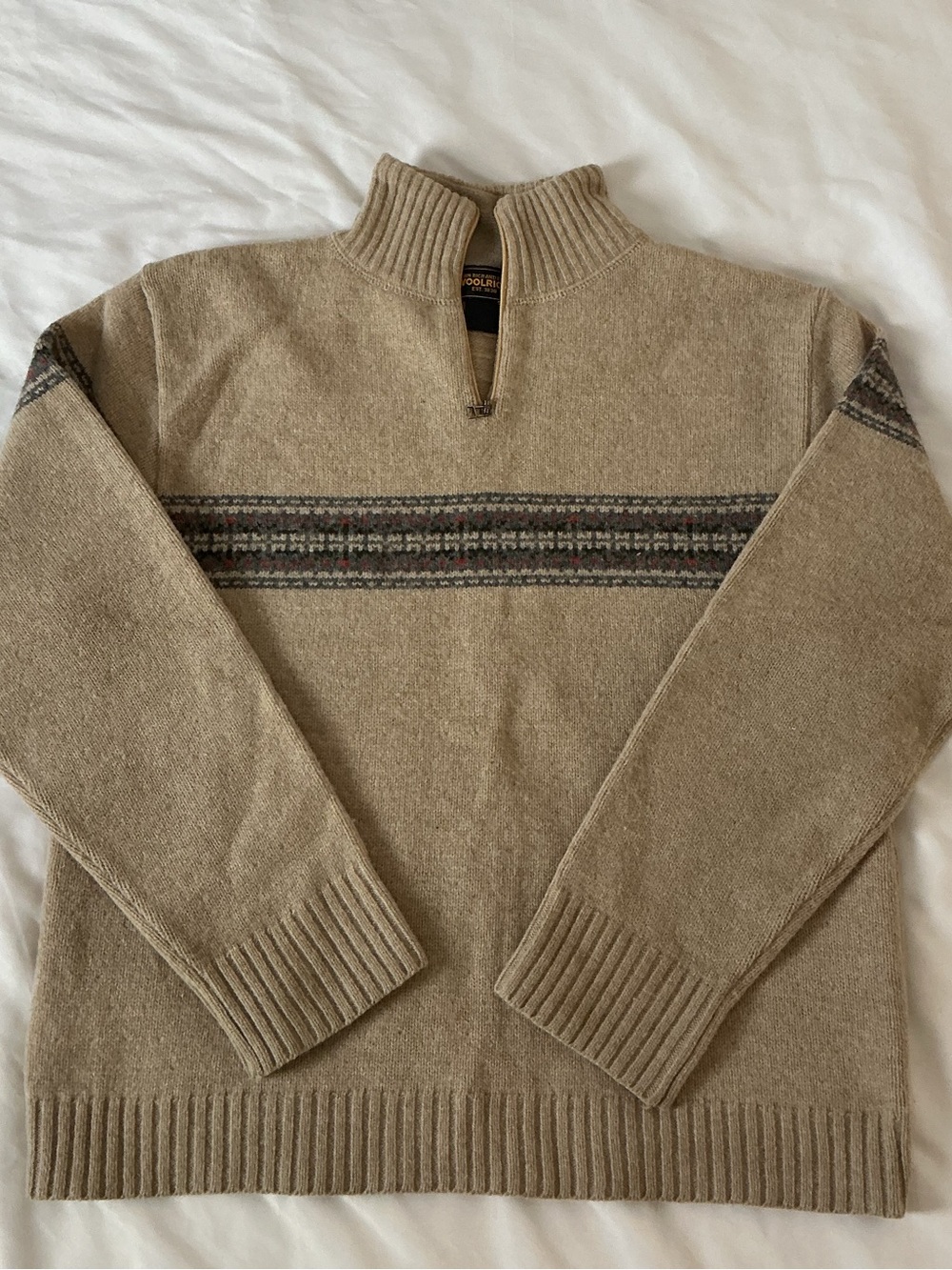 Woolrich Women’s Beige Lambswool Quarter Zip Sweater – Fair Isle Knit - Picture 1 of 10